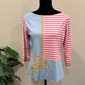 J McLaughlin Catalina Cloth Pink White Striped 3/4 Sleeve Top in  King James